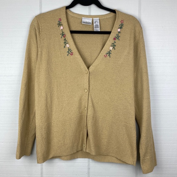 Villager Liz Claiborne Tan V-neck Knit Cardigan Pink Floral Embroidery L Petite - Picture 1 of 6